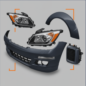 Car body parts including bumper, fender, grille, side mirror, and door panel