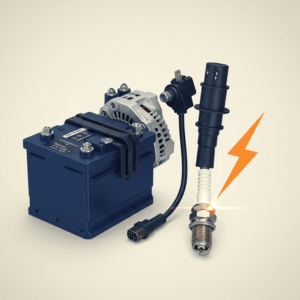 Car battery and electrical components including wiring, relays, and fuses
