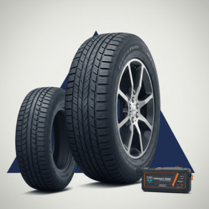 Assorted car tyres with inner tubes, valves, and wheel balancing accessories