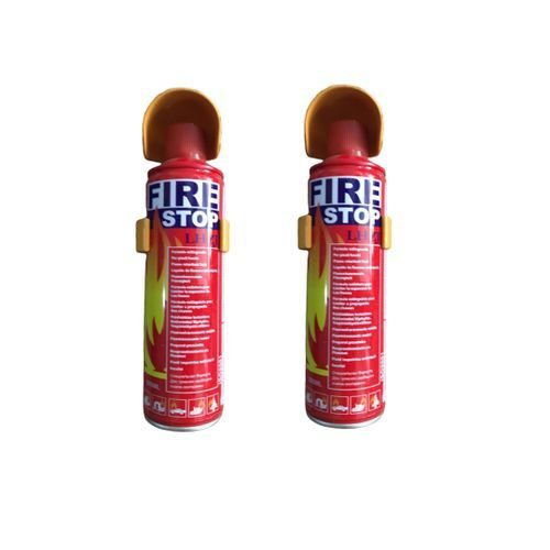 Two red Fire STOP portable fire extinguishers standing side by side on a white background.