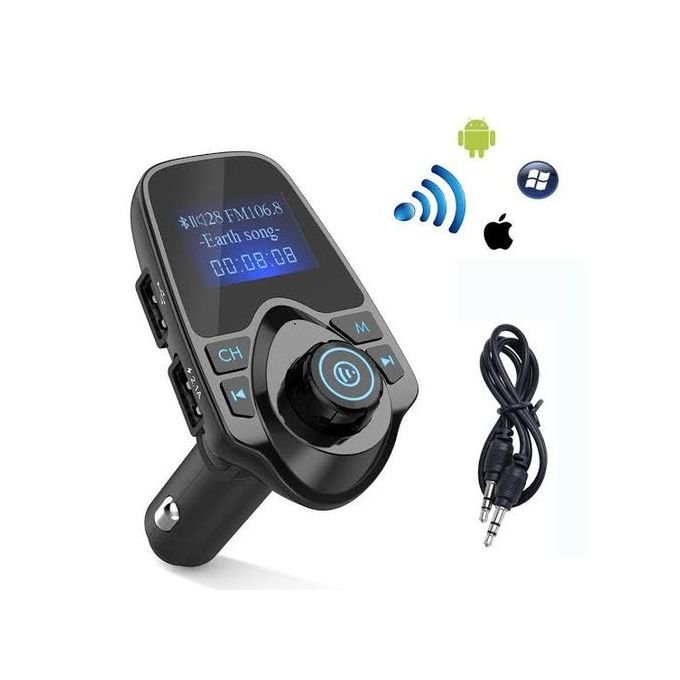 T11 car charger and Bluetooth FM transmitter plugged into a car’s 12V socket on white background.