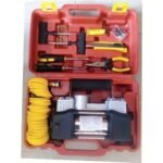 Double-cylinder car tyre inflator air compressor pump on white background.