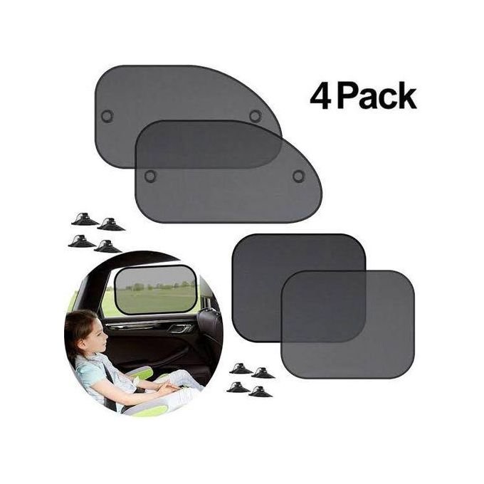 Set of four reflective car window sun shades (front, rear, and two side) displayed on white background.