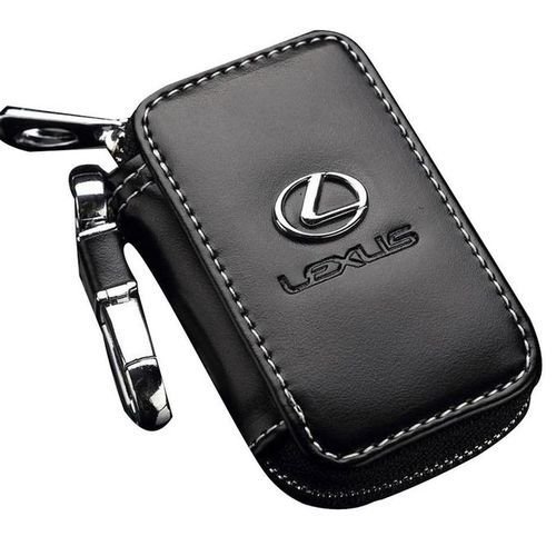 Black genuine leather Lexus car key case with embossed logo and metal key ring on white background.