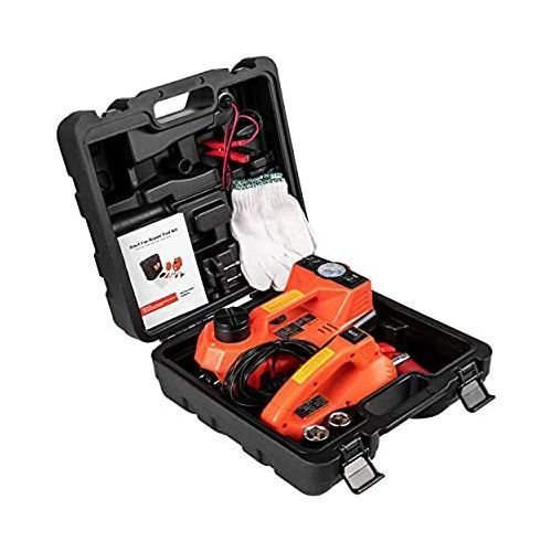 Compact black and silver 5-in-1 automatic electric 7-ton jack with tire inflator pump and wrench attachment on white background.