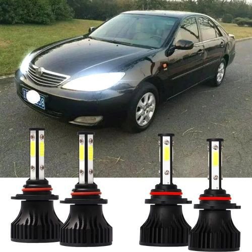 4-piece white LED headlight bulb kit for Toyota Camry (2002–2006 & 2014), including high and low beam bulbs, on white background