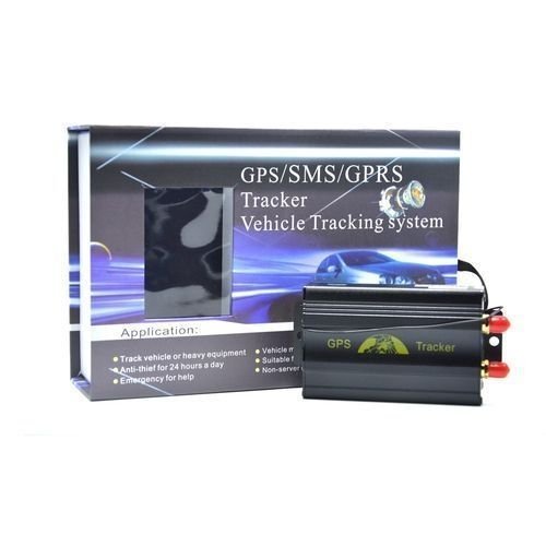 Compact GPRS SMS vehicle GPS tracker alarm device with wiring harness on white background.