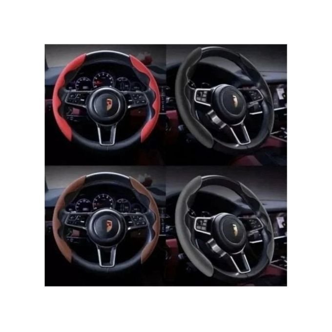 Universal steering wheel cover in black, blue, brown, and gray color options on white background