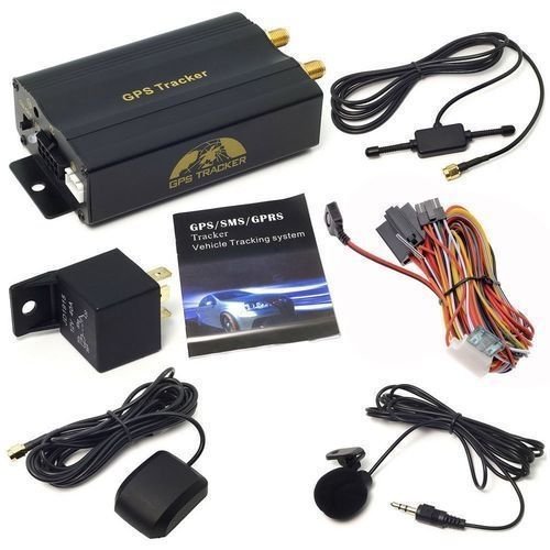 Compact GPRS SMS vehicle GPS tracker alarm device with wiring harness on white background