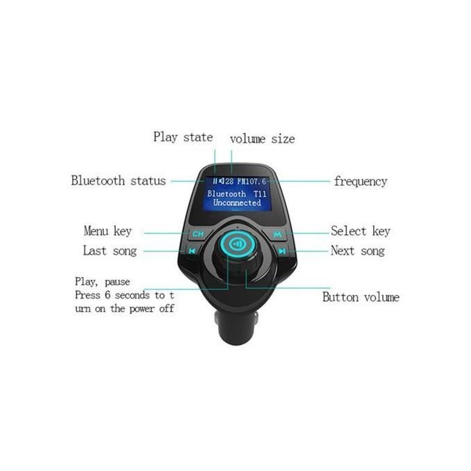 T11 car charger and Bluetooth FM transmitter plugged into a car’s 12V socket on white background.