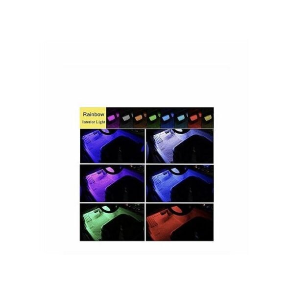 Flexible multicolor LED ambient light strips for car interior on white background.