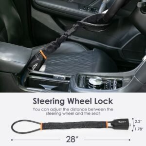 Black universal steering wheel lock anti-theft device across a steering wheel, on white background.