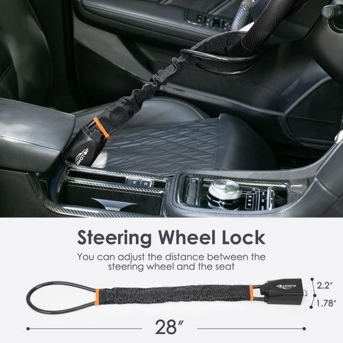 Black universal steering wheel lock anti-theft device across a steering wheel, on white background.