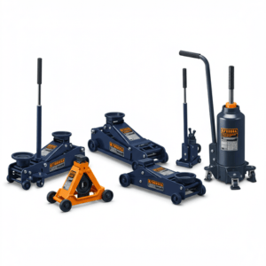 “Hydraulic car jack lifting a vehicle for tire change or repair”