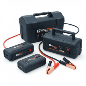 “Portable car jump starter connected to a vehicle battery”
