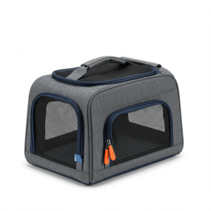 “Portable pet carrier placed on a car seat, safely holding a small dog”
