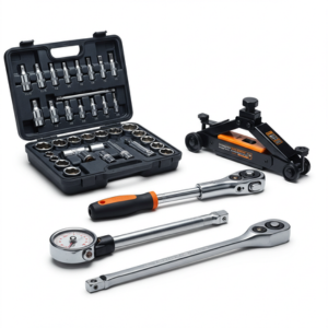 “Complete car workshop tools including socket sets, hydraulic jacks, and hand tools”