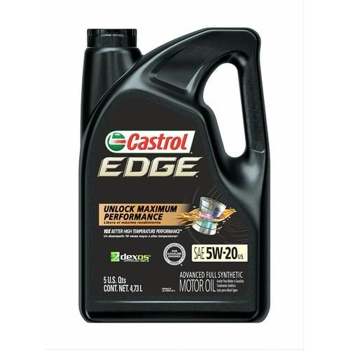 Castrol EDGE 5W-20 Advanced Full Synthetic Motor Oil, 5 quart plastic bottle on white background.