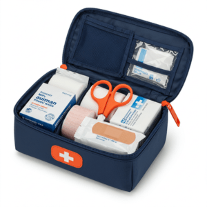 “Compact car first aid kit with medical supplies laid out on vehicle seat”