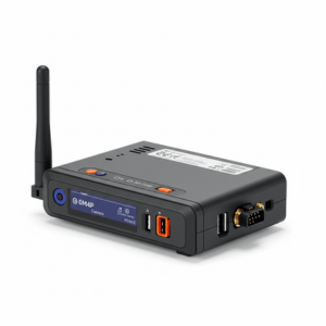 “Car telematics device plugged into OBD port with smartphone data display”