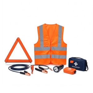 “Comprehensive car roadside emergency kit with jumper cables, tire repair tools, and flashlight”
