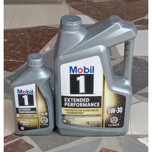 6-liter container of Mobil 1 Advanced Full Synthetic Engine Oil 5W-30 on white background