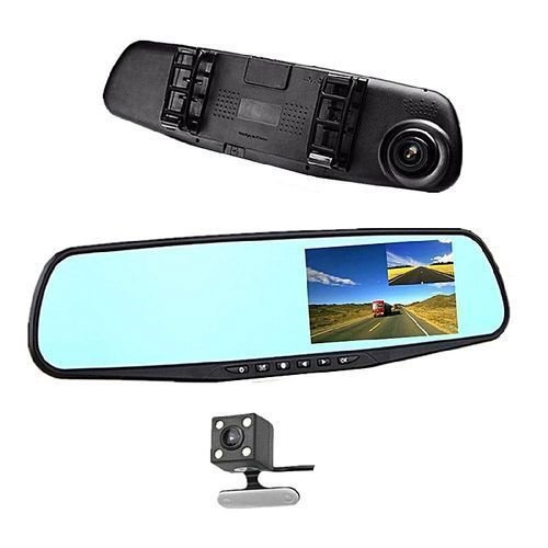 Dual dash cam rear-view mirror with front and rear in-car camera DVR recording system