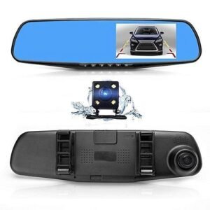 Dual dash cam rear-view mirror with front and rear in-car camera DVR recording system