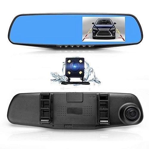 Dual dash cam rear-view mirror with front and rear in-car camera DVR recording system