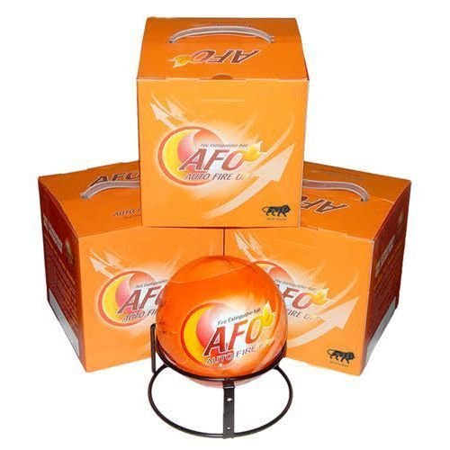 Three red AFO automatic fire extinguisher balls on white background.