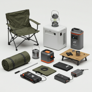 Portable car camping gear including folding chair, LED lantern, and 12V fridge