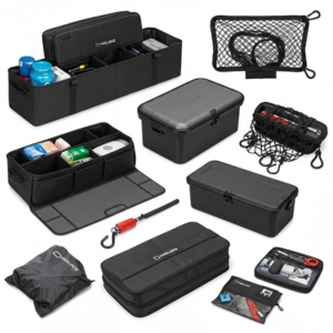 Foldable trunk organizer, boot mat, cargo net, and emergency tool kit on white background