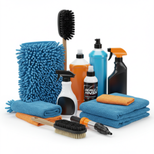 Full car cleaning and detailing kit with microfiber towel, brush, and polish