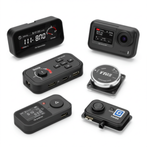 Set of car electronic accessories including voltmeter, FM transmitter, dash cam, and TPMS