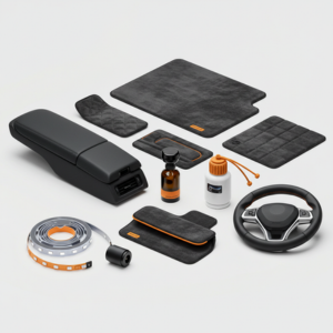 Set of premium car interior accessories including armrest, LED lights, organizer, and wheel cover