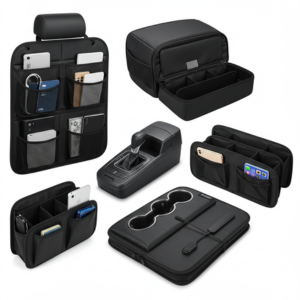 Set of car organizers including seat-back organizer, console box, and trunk storage bin