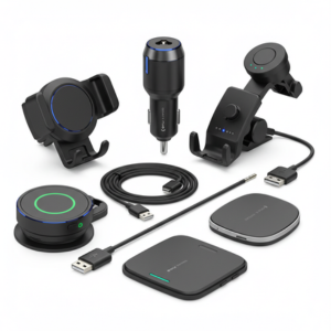 Car phone accessories including vent mount, USB charger, and wireless charging pad