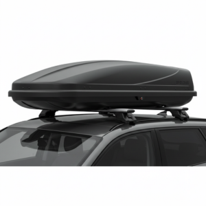 Black aerodynamic roof cargo box mounted on car roof rails