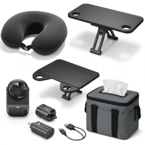 Set of car travel accessories including neck pillow, tray table, and mini fan