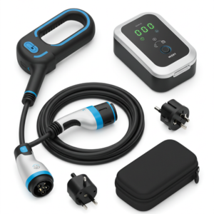 Electric vehicle charging kit with Type 2 cable, wall charger, and socket adapter