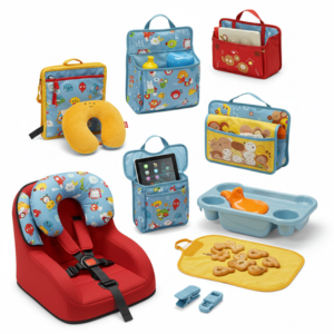 Children’s car accessory set including booster seat, organizer, sunshade, and travel pillow