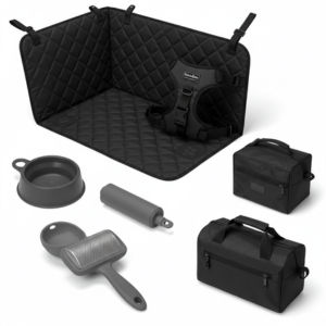 Set of dog car travel accessories including seat cover, safety harness, and water bowl