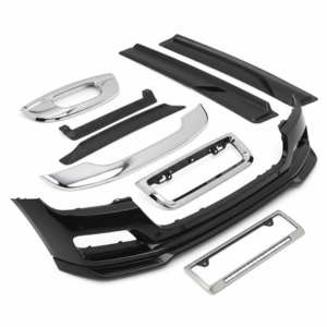 Set of car exterior accessories including bumper lip, chrome handle cover, and rain guards