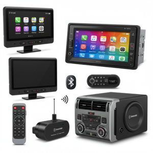 Complete in-car entertainment system with Android stereo, headrest monitor, and subwoofer