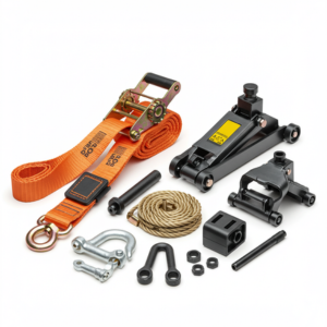 Heavy-duty lashing and lifting gear including ratchet strap, jack, and tow rope