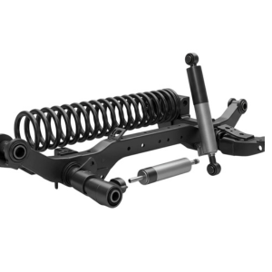 Heavy-duty truck suspension components—leaf springs, air bellows, shock absorbers, and torque rods—for Mack, Actros, MAN, HOWO, DAF, Scania, and Volvo F6/F7 on white background.
