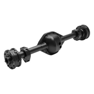 Heavy-duty axle drive components for trucks—axle shafts, ring and pinion gears, and differential housing—for Mack, Actros, MAN, HOWO, DAF, Scania, and Volvo F6/F7 on white background.