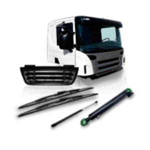 Assorted heavy‑duty truck body parts—bumpers, doors, fenders, grilles, and mirrors—for Mack, Actros, MAN, HOWO, DAF, Scania, and Volvo F6/F7 on white background.