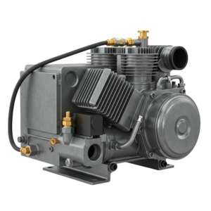 Compressor air system components for trucks—air compressor, dryer, valves, and hoses—for Mack, Actros, MAN, HOWO, DAF, Scania, and Volvo F6/F7 on white background.