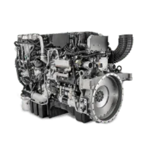 Assorted heavy‑duty truck engine parts—pistons, gaskets, filters, belts, and pumps—for Mack, Actros, MAN, HOWO, DAF, Scania, and Volvo F6/F7 on white background.